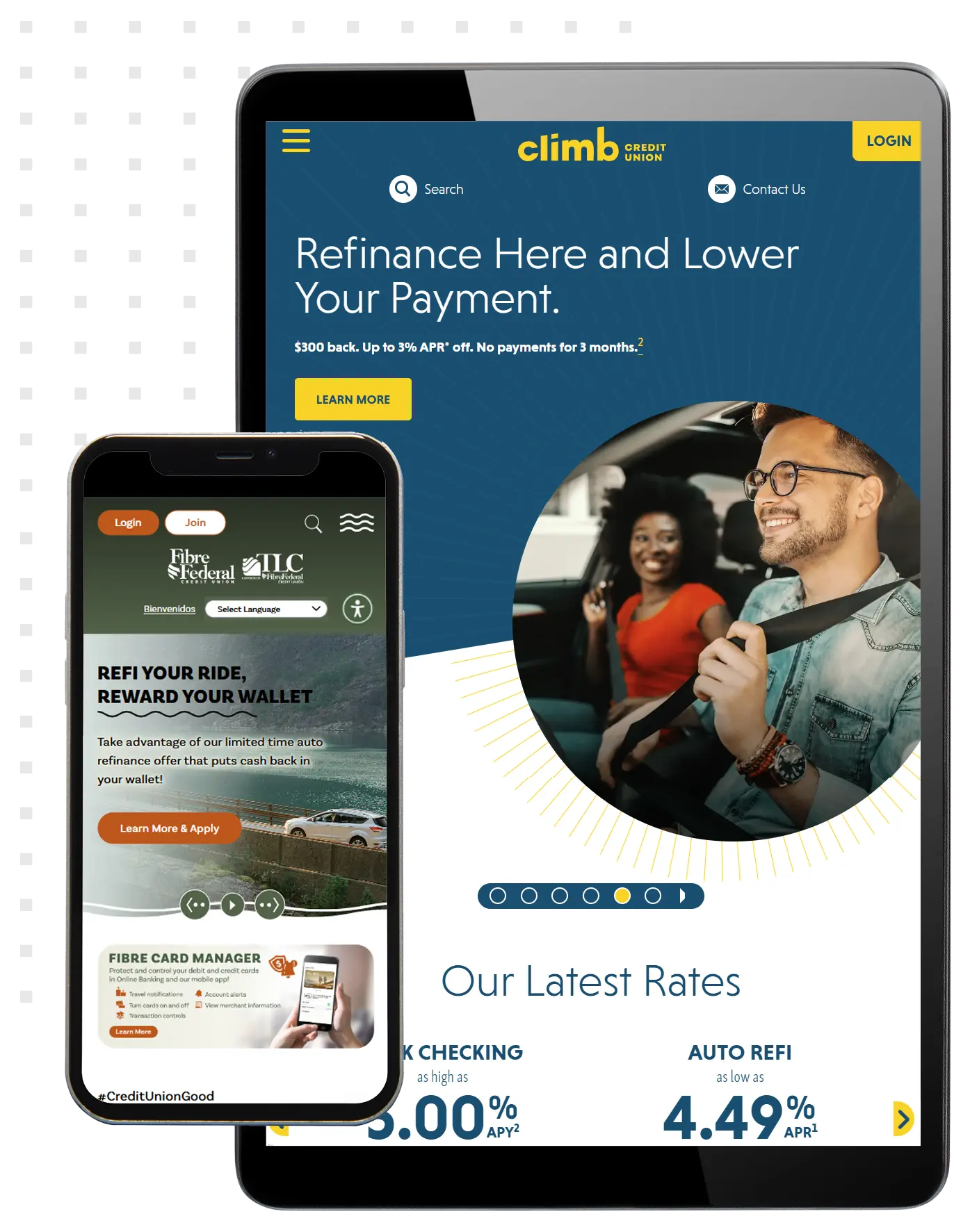 Example of LKCS' credit union website designs on a tablet and mobile device