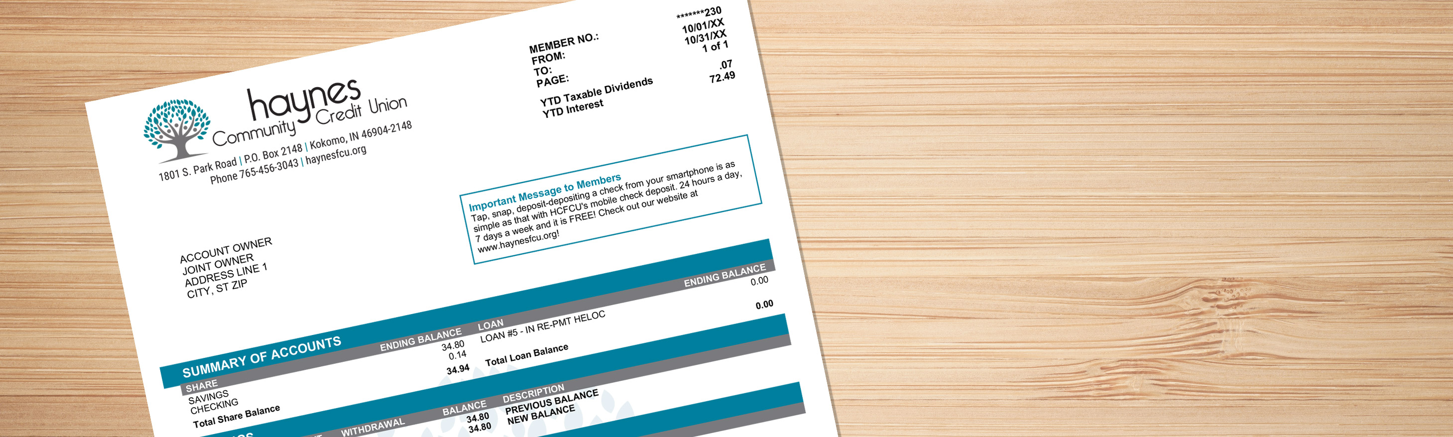 Haynes Community Credit Union Visa Statements Header